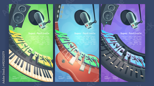 Music fest cartoon posters with electric guitar, synthesizer, dynamics and microphone in recording studio. Rock-n-roll musical disco party, pop concert, festival live event, Vector flyers retro design