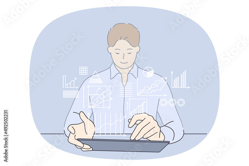 Young businessman work on tablet with chart and diagrams analyze financial data on web. Man employee or worker busy with graphs do finance banking research on pad. Vector illustration. 