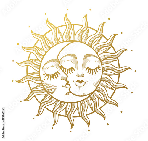 Golden sun and crescent moon together, hand drawn boho illustration for astrology, tarot, esoteric. Vector line illustration. Celestial logo for a witch avatar.