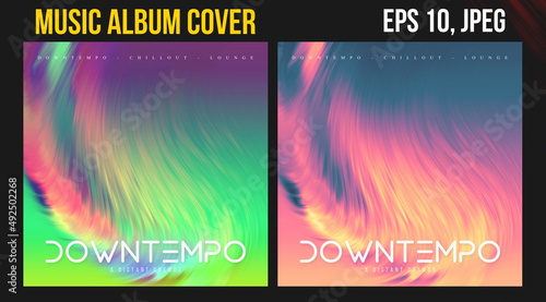 Music Album Cover Art. Abstract Vector Design of CD Cover and Vinyl Record. Picture Vinyl. Music Album Presentation. Futuristic Color Visual Neon Elements . Vintage Retro Background and Texture.	