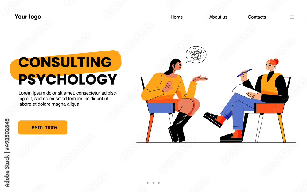 Consulting psychology landing page. Anxious woman client talk with psychologist of problems. Professional doctor help to patient solve issues during private session, Line art flat vector illustration Consulting psychology landing page. Anxious woman client talk with psychologist of problems. Professional doctor help to patient solve issues during private session, Line art flat vector illustration