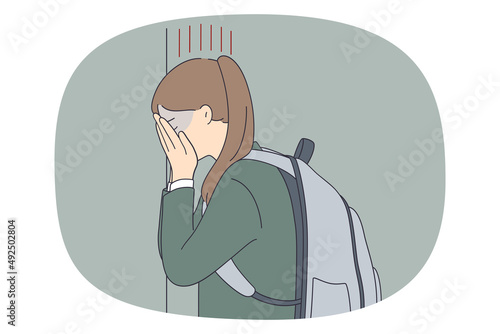 Upset teen girl crying suffer from bullying or harassment in school. Unhappy sad teenager schoolgirl feel stressed having mental or psychological problems. Adolescence. Vector illustration. 