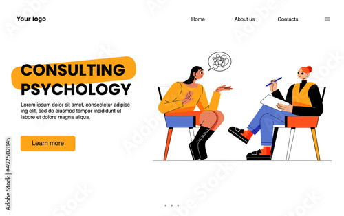 Consulting psychology landing page. Anxious woman client talk with psychologist of problems. Professional doctor help to patient solve issues during private session, Line art flat vector illustration
