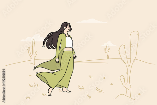Young woman wandering desert. Millennial girl feel lost and lonely in sand wilderness area. Concept of boring and monotonous life. Flat vector illustration. 