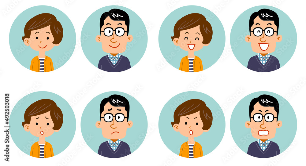 夫婦の4種類の表情と上半身のアイコン
夫婦の4種類の表情と上半身のアイコン