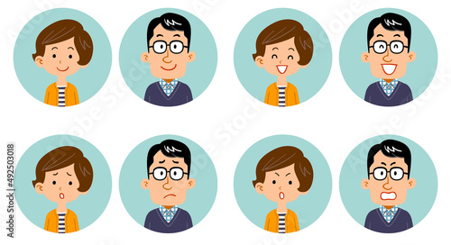 夫婦の4種類の表情と上半身のアイコン
