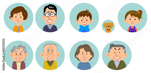 四世代家族の上半身　怒りの表情のアイコン
