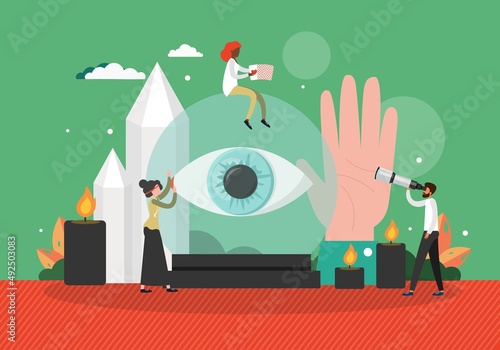 Fortune teller predicting future reading tarot cards, palm lines, using crystal ball. Divination, palmistry, vector.