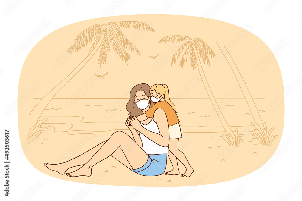 Small girl child hug young mom wear facemasks relax together on beach. Mother and little daughter in facial masks on summer vacation. Traveling during covid-19 pandemics. Vector illustration. 