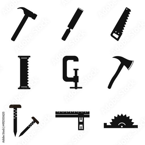 Simple Set of carpenter wood shop. Contains such Icons as hammer, chisel, saw, axe, clamp, wooden ruler, and more. Vector icon graphic design template.