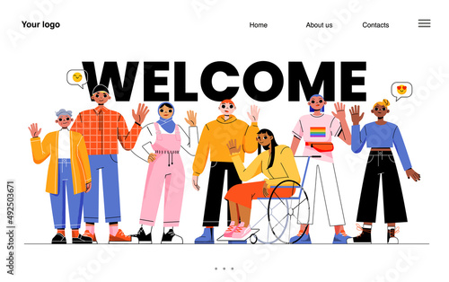 Welcome landing page. Diverse people group, business team, disabled and healthy characters waving hand show greeting gesture. Multinational men and women saying hello, Line art flat vector web banner