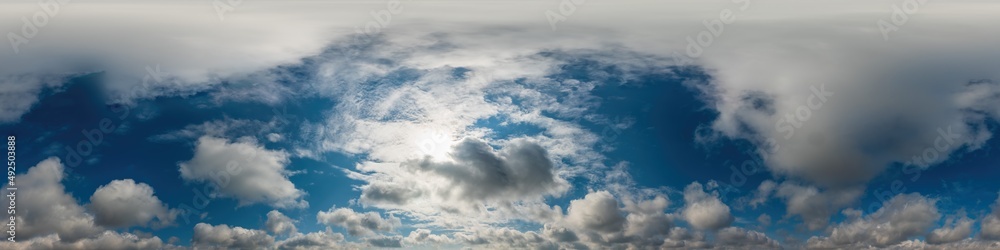 Obraz premium Blue sky panorama with Cirrus clouds in Seamless spherical equirectangular format. Full zenith for use in 3D graphics, game and editing aerial drone 360 degree panoramas for sky replacement.