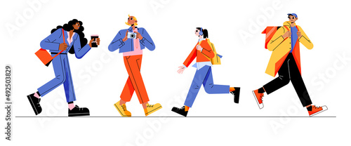 Diverse passerby people walk on city street, tourist with backpack, businesswoman with coffee cup, teenager student or schoolgirl in headset and courier deliver order Line art flat vector illustration