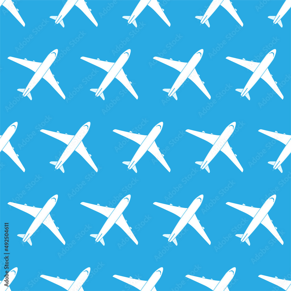 Vector illustration of an airplane top view on a blue background. Aviation holiday poster. Vector seamless pattern