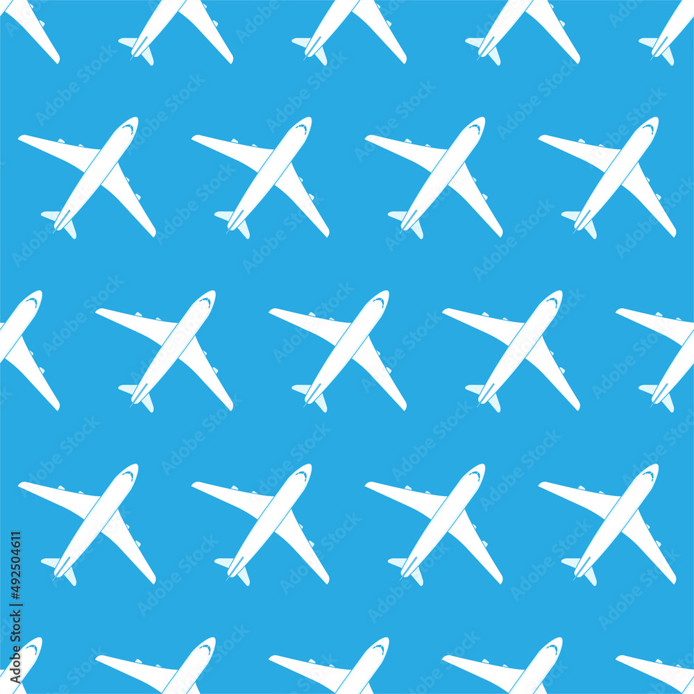 Vector illustration of an airplane top view on a blue background. Aviation holiday poster. Vector seamless pattern Vector illustration of an airplane top view on a blue background. Aviation holiday poster. Vector seamless pattern