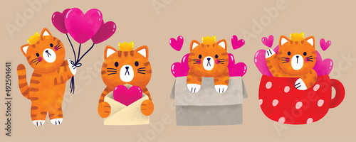 Watercolor cartoon cute cat and many heart vector set.