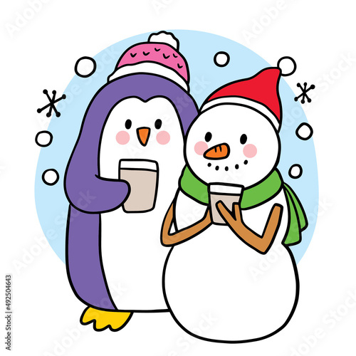 Cartoon cute penguin drinking coffee with snowman vector.