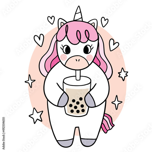 Cartoon cute unicorn drink bubble tea vector.