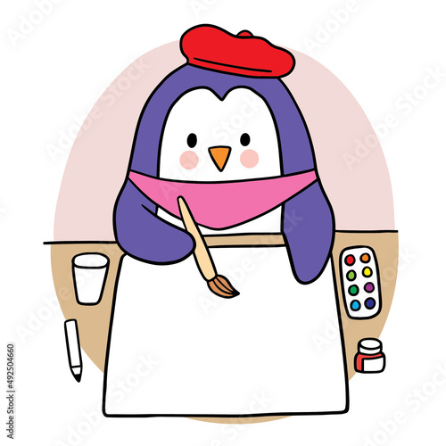 Cartoon cute penguin painting paper, Artist vector.