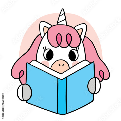 Cartoon cute unicorn reading book vector.