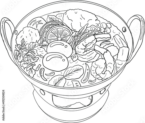Traditional Thai food for printing on wallpaper.Vector of Tom yum kung soup illustration.Asian food.Hand drawn asian food on white isolated background.Thai food recipe instant pot illustration.