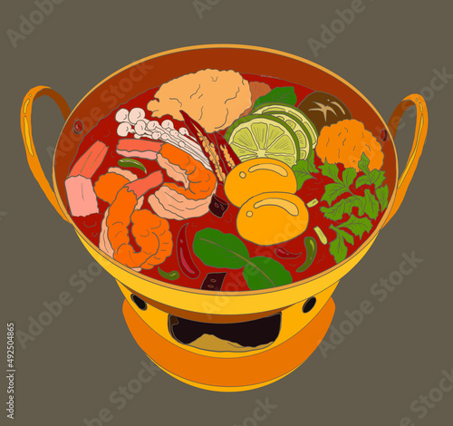 Traditional Thai food for printing on wallpaper.Vector of Tom yum kung soup illustration.Asian food.Hand drawn asian food on white isolated background.Thai food recipe instant pot illustration.