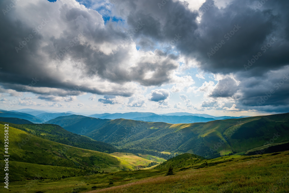 Mountain valley illuminated by sunlight. Carpathian Mountains, Ukraine.