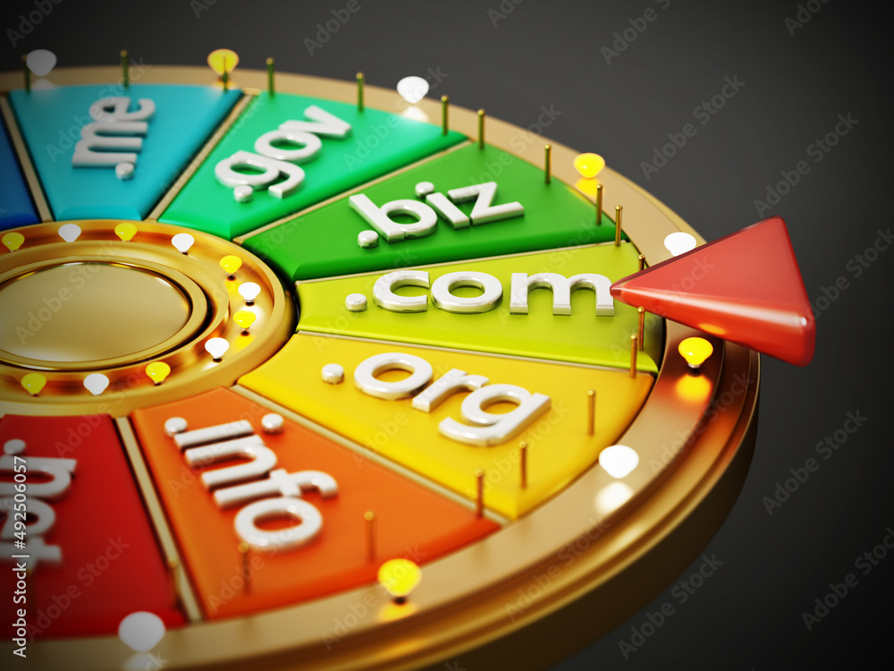 Obraz premium Domain name extensions on prize wheel. 3D illustration