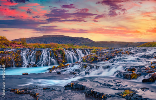 Attractive summer view of Bruarfoss Waterfall. Picturesque sunset in Iceland, Europe. Beauty of nature concept background. © Andrew Mayovskyy
