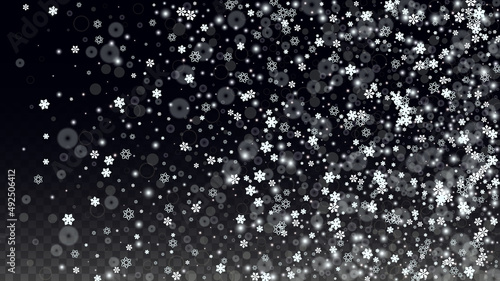 Christmas Vector Background with Falling Snowflakes  Isolated on Transparent Background. Realistic Snow Sparkle Pattern. Snowfall Overlay Print. Winter Sky. Realistic Snow. Happy Christmas, New Year.