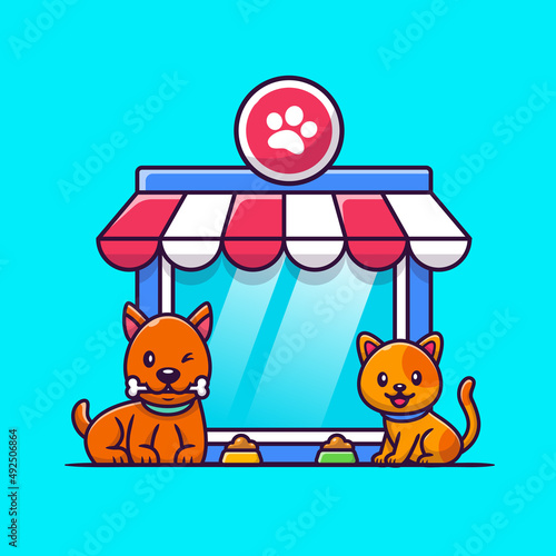Pet Shop Dog and Cat Cartoon Vector Icon Illustration. Animal Icon Concept Isolated Premium Vector. Flat Cartoon Style
