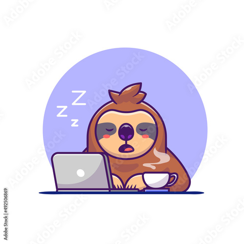 Sleepy Sloth With Laptop And Coffee Cartoon Vector Icon Illustration. Animal Technology Icon Concept Isolated Premium Vector. Flat Cartoon Style