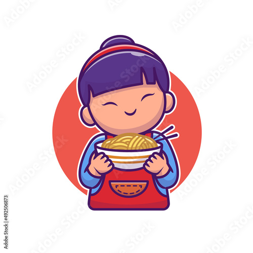 Cute Asian Girl Holding Noodle Cartoon Vector Icon Illustration. People Food Icon Concept Isolated Premium Vector. Flat Cartoon Style