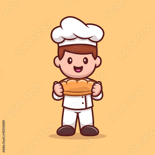 Male Chef Holding Bread Cartoon Vector Icon Illustration. People Profession Icon Concept Isolated Premium Vector. Flat Cartoon Style