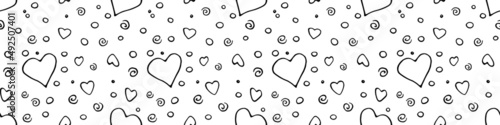 Vector Seamless abstract pattern of outline elements hearts points drops spirals. Hand drawn doodle background, texture for textile, wrapping paper, Valentine's day