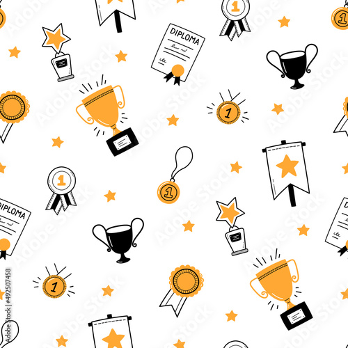 Seamless pattern with awards, trophy cups and first place medals. Winner concept. Doodle gold medal and champion trophy cup. Hand drawn award icons. Vector illustration on white background.