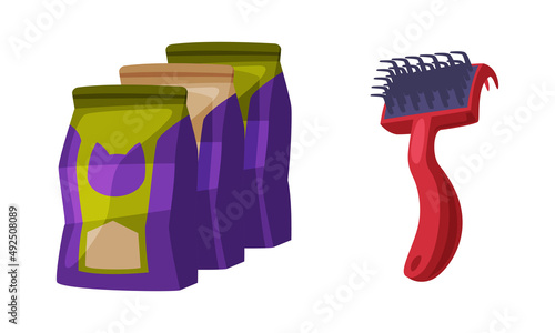 Pet animals food packaging and pet brush. Supplies for domestic animals set cartoon vector illustration