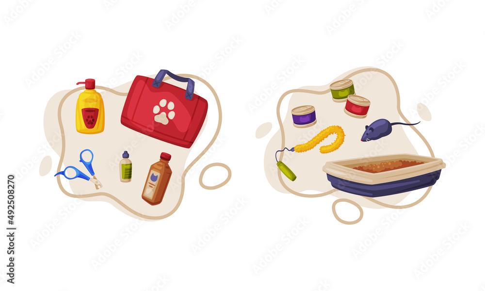 Fototapeta premium Pet animals stuff. Cat and dog care supplies and accessories set cartoon vector illustration