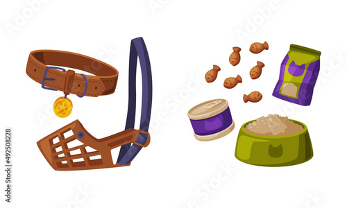 Pet animals stuff. Cat and dog food and accessories set cartoon vector illustration