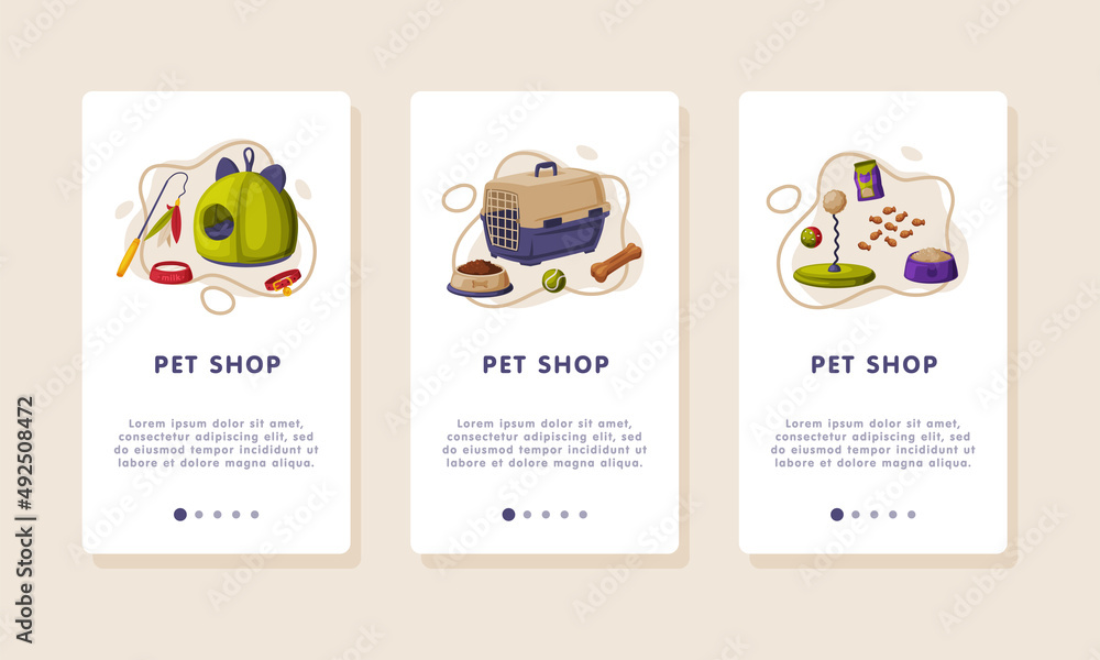 Pet shop onboarding mobile app page. Care supplies and accessories cartoon vector illustration Pet shop onboarding mobile app page. Care supplies and accessories cartoon vector illustration