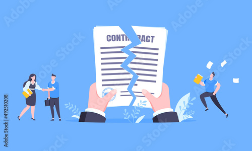 Contract cancellation business concept. Terminated tearing contract paper sheet breach flat style design vector illustration. Business people running toward giant hands with tearing contract papers.