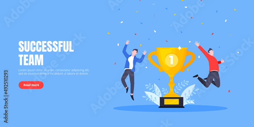 Employee recognition or proud workers of the month business concept flat style design vector illustration. Young adult people jump in the air with trophy cup.