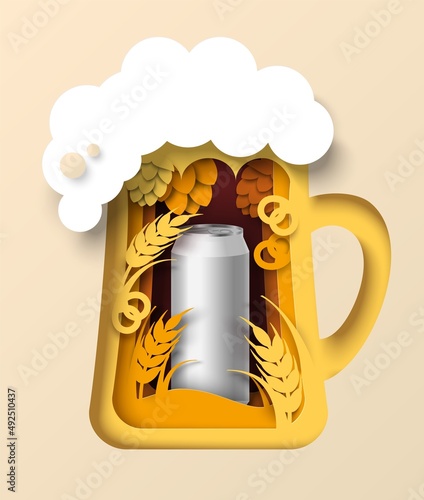 Paper cut beer mug with foam, wheat ears, hops, realistic aluminum can, vector illustration. Alcohol drink branding, ads