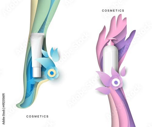 Paper cut female leg and hand with cosmetic cream tube and bottle, vector illustration. Hand and foot care products ads.