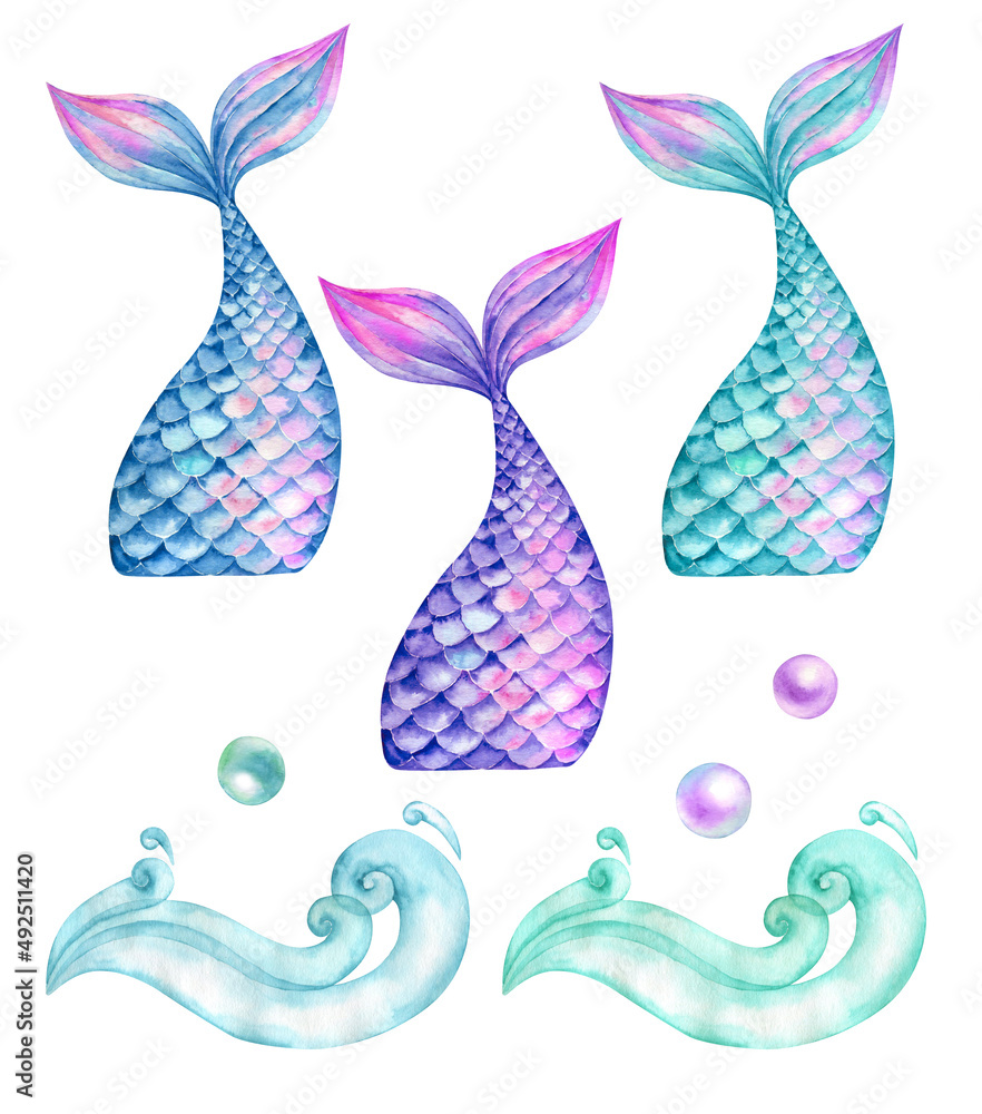 Watercolor mermaid tails bright colorful birthday girl Stock