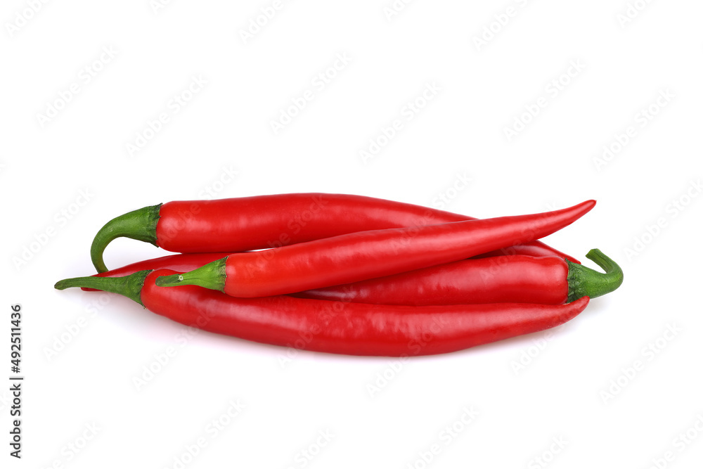 Group of beautiful chili pepper pods isolated on white background.