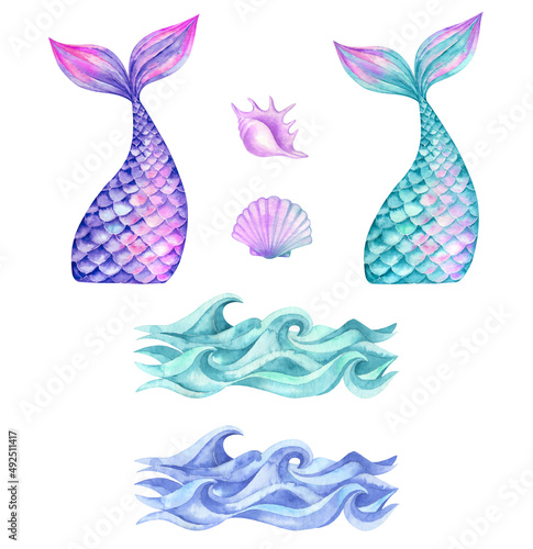 Watercolor mermaid tails bright colorful birthday girl