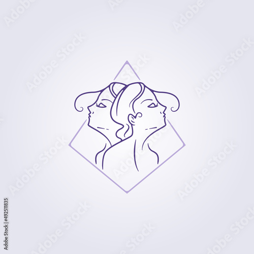 sisterhood icon sign badge emblem for beauty studio and cosmetic, female portrait, women's face sister twin or two logo vector illustration design