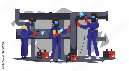 Welders in protective masks work on pipeline, flat vector illustration isolated.