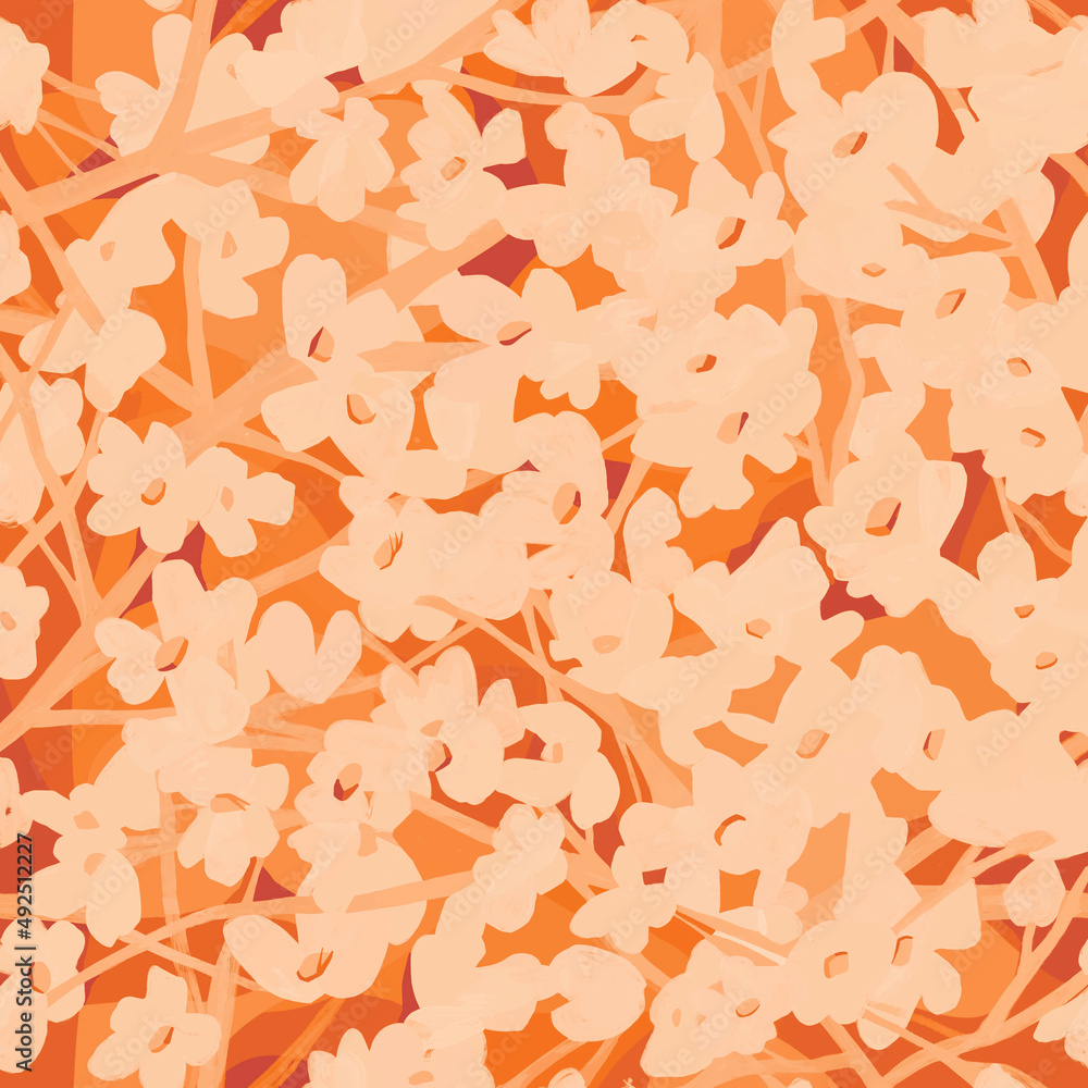 Blurred floral spring background with blooming apple tree branches in pastel coral and peach calm colors Blurred floral spring background with blooming apple tree branches in pastel coral and peach calm colors